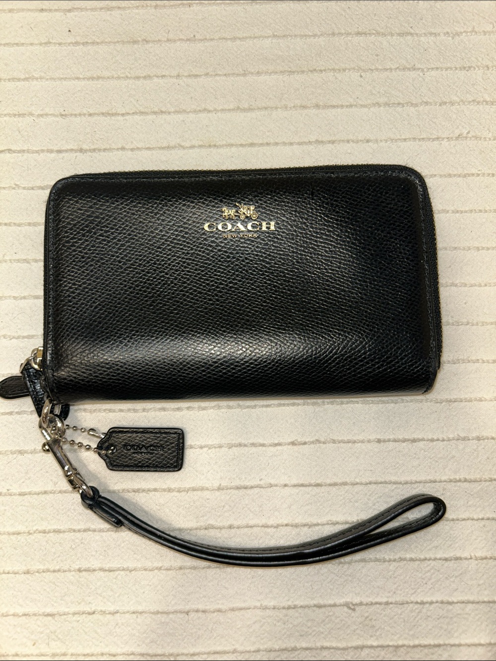 Coach Black Pebbled Leather Double Zip Wristlet Wallet